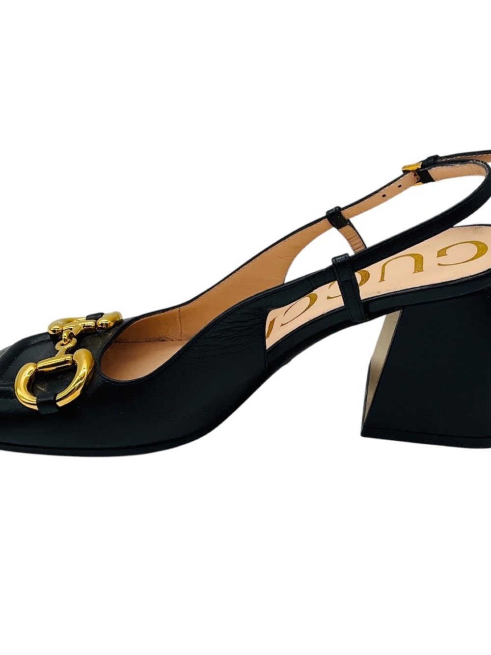 GUCCI BLACK / GOLD HORSEBIT DETAIL SQUARE TOE LEATHER SLINGBACK PUMPS - Picture 3 of 7